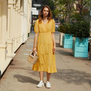 Heartloom Halia Midi Dress Faux Wrap A Line Marigold Yellow  Sz Medium